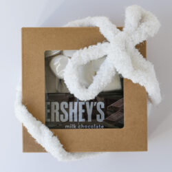 wrapped smores kit in a brown box with a white bow.