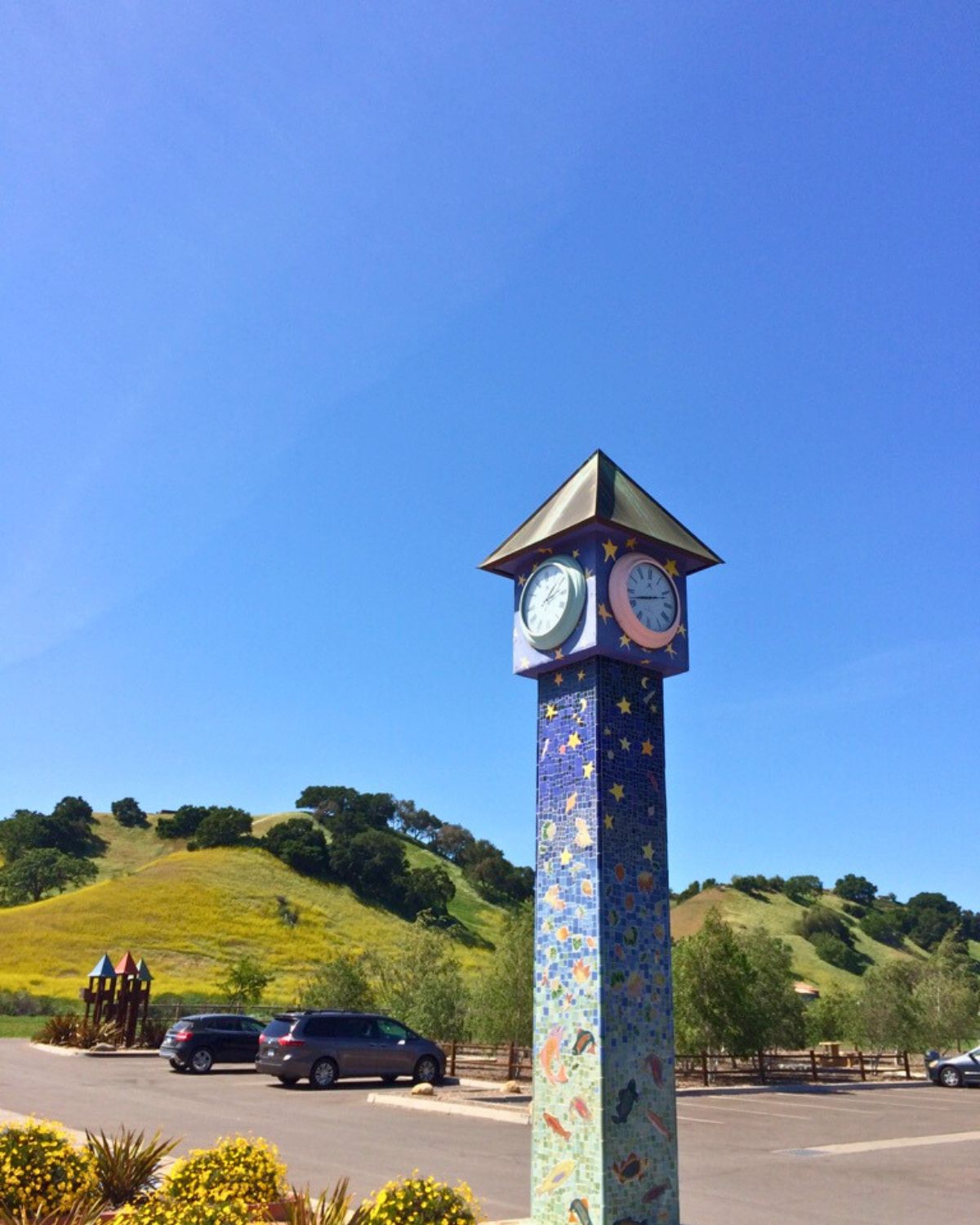 clock tower in sunny fields park, solvang, ca.