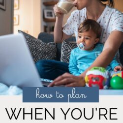 mom drinking coffee while holding baby and working on a laptop, with text overlay.