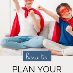 mom and daughter dressed as super heroes, with text overlay.
