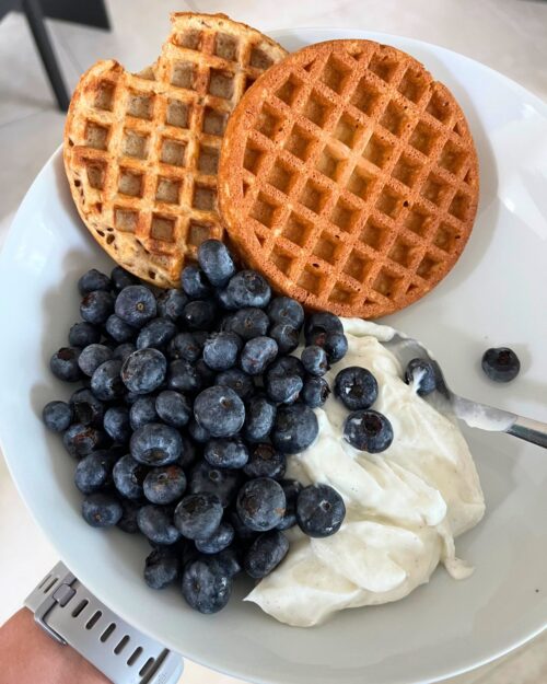 protein waffles with yogurt and berries.