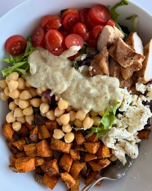chicken and veg bowl with yogurt dressing.