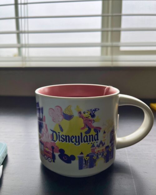 disneyland mug on table in front of window with fog outside.