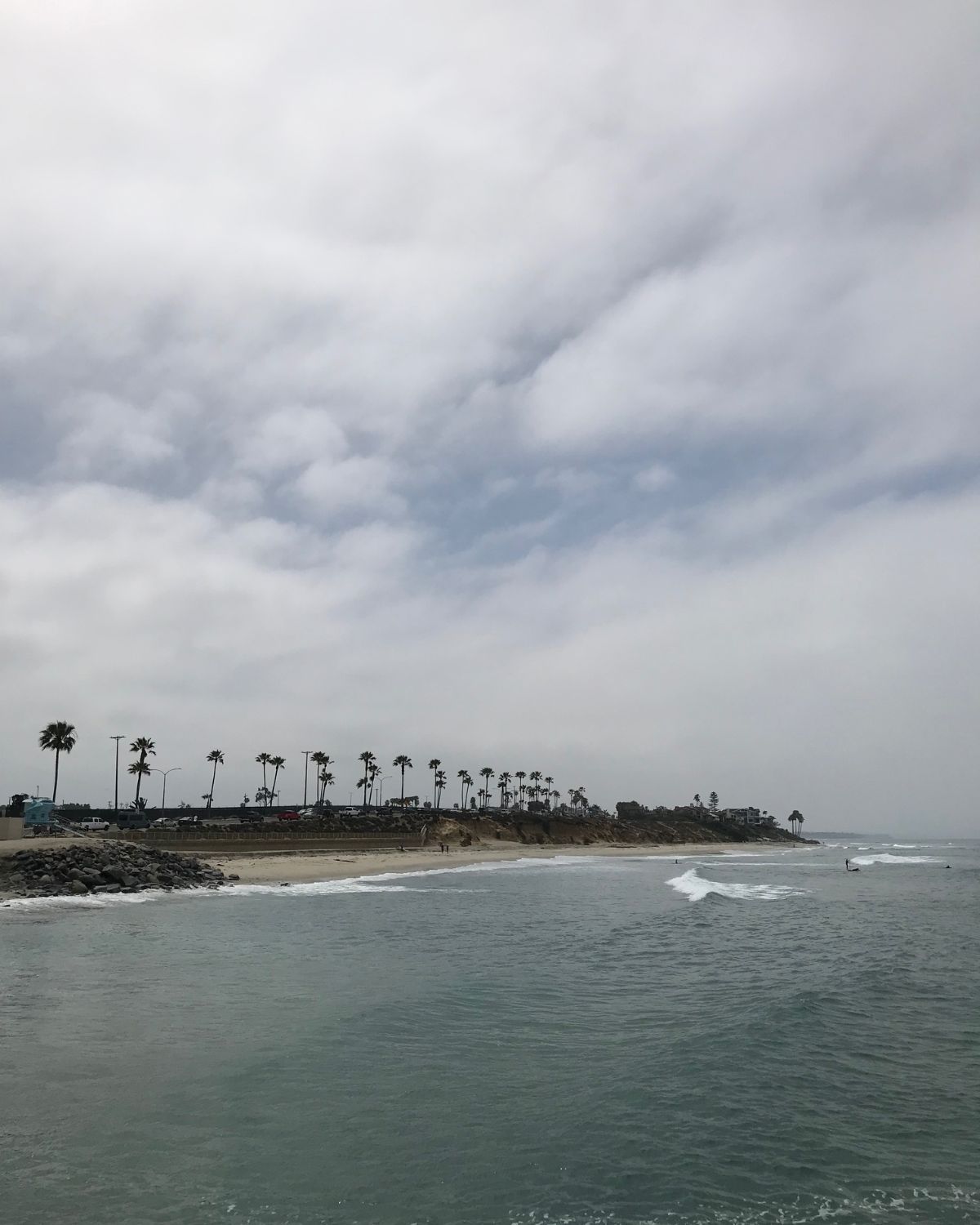 cloudy coastal view of the beach.