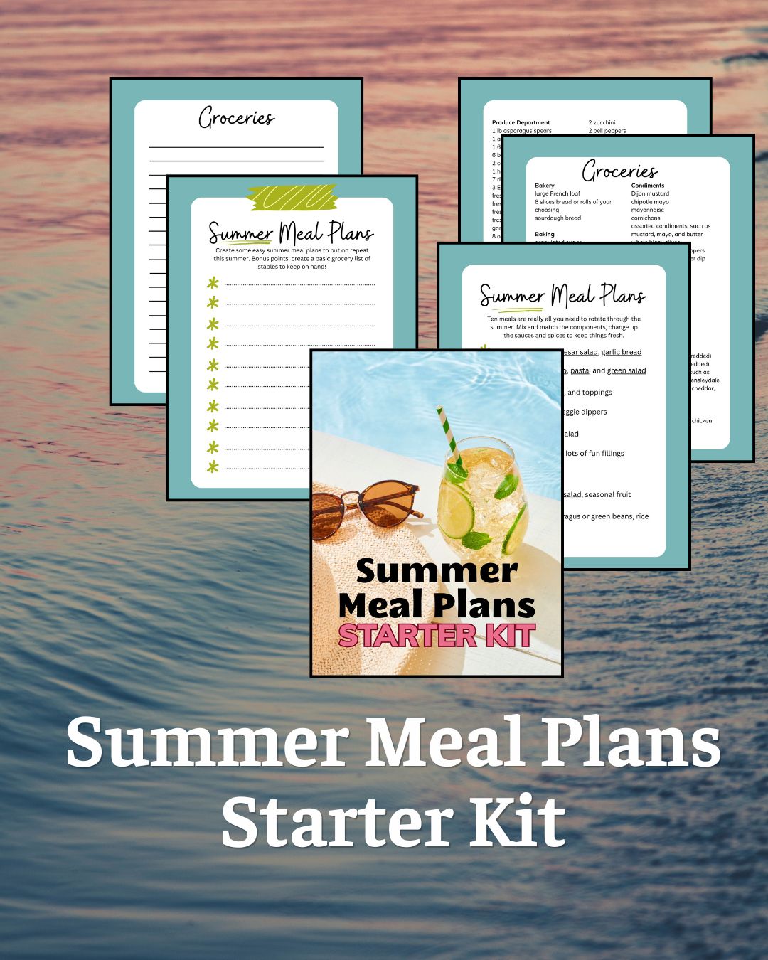 collage of what's included in the summer meal plan starter kit.