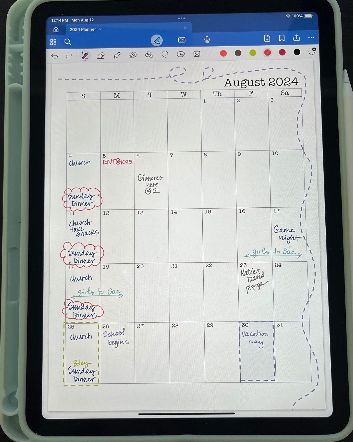 august calendar on planner on iPad.
