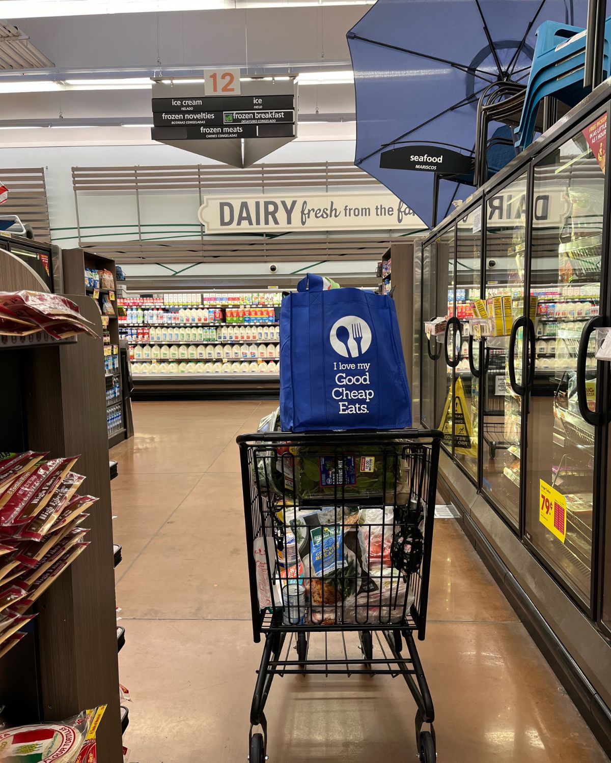 grocery cart in frozen food aisle with a good cheap eats grocery bag in the top.