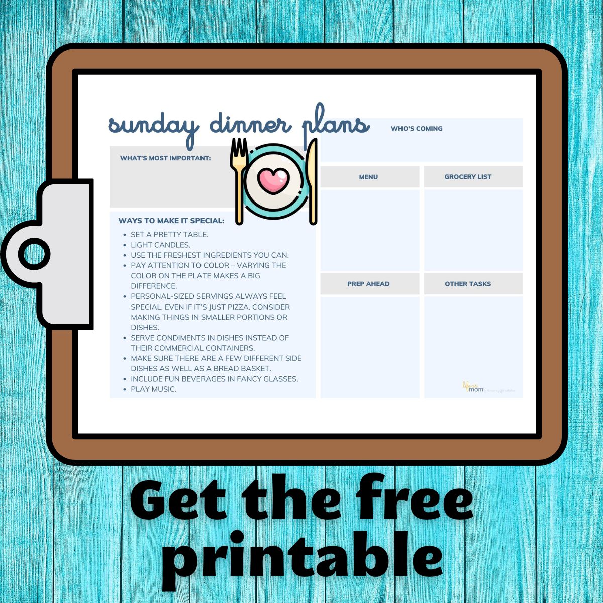 teal square with clipboard and free printable, with text overlay.