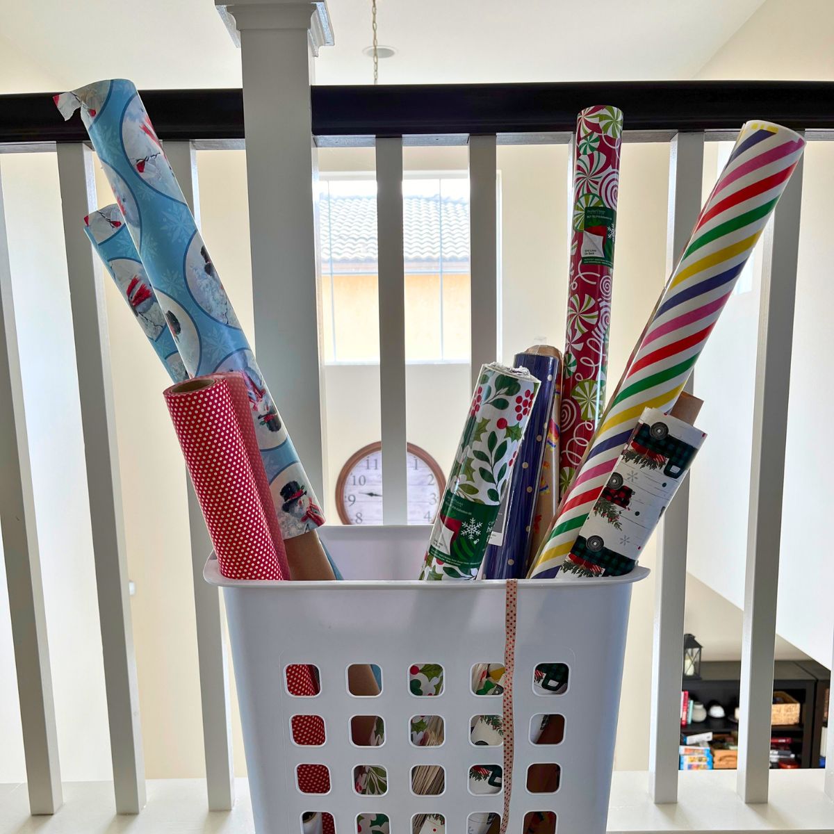 basket full of wrapping supplies.