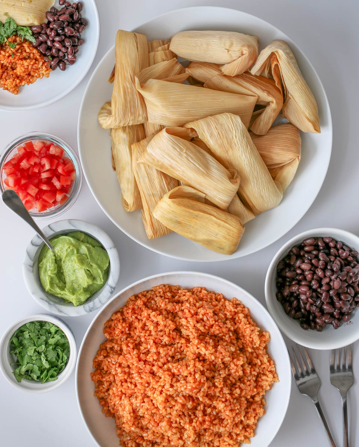 tamales with rice, beans, and toppings surrounding.