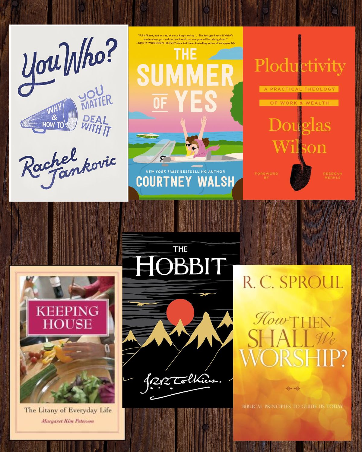 array of books read and books started on a wood panel background.