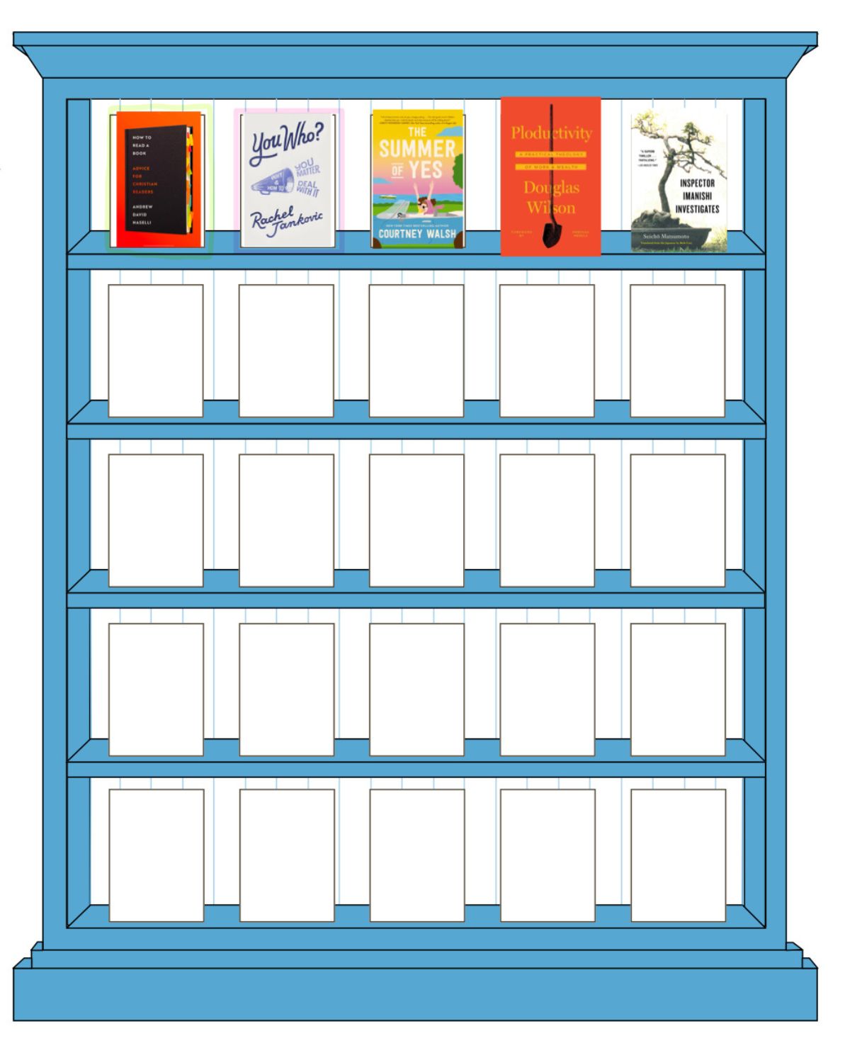 bookshelf graphic with five book covers filled in.