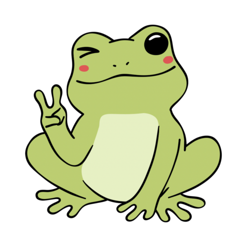 winky-faced frog holding up peace sign.