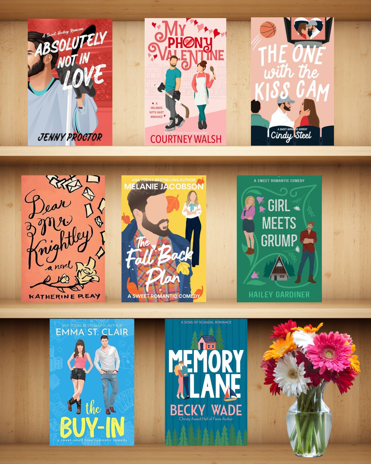 bookshelf with clean romance novels and a vase of flowers.