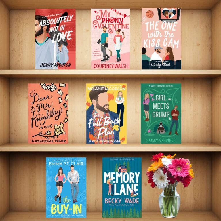 square crop of bookshelf with clean romance novels.