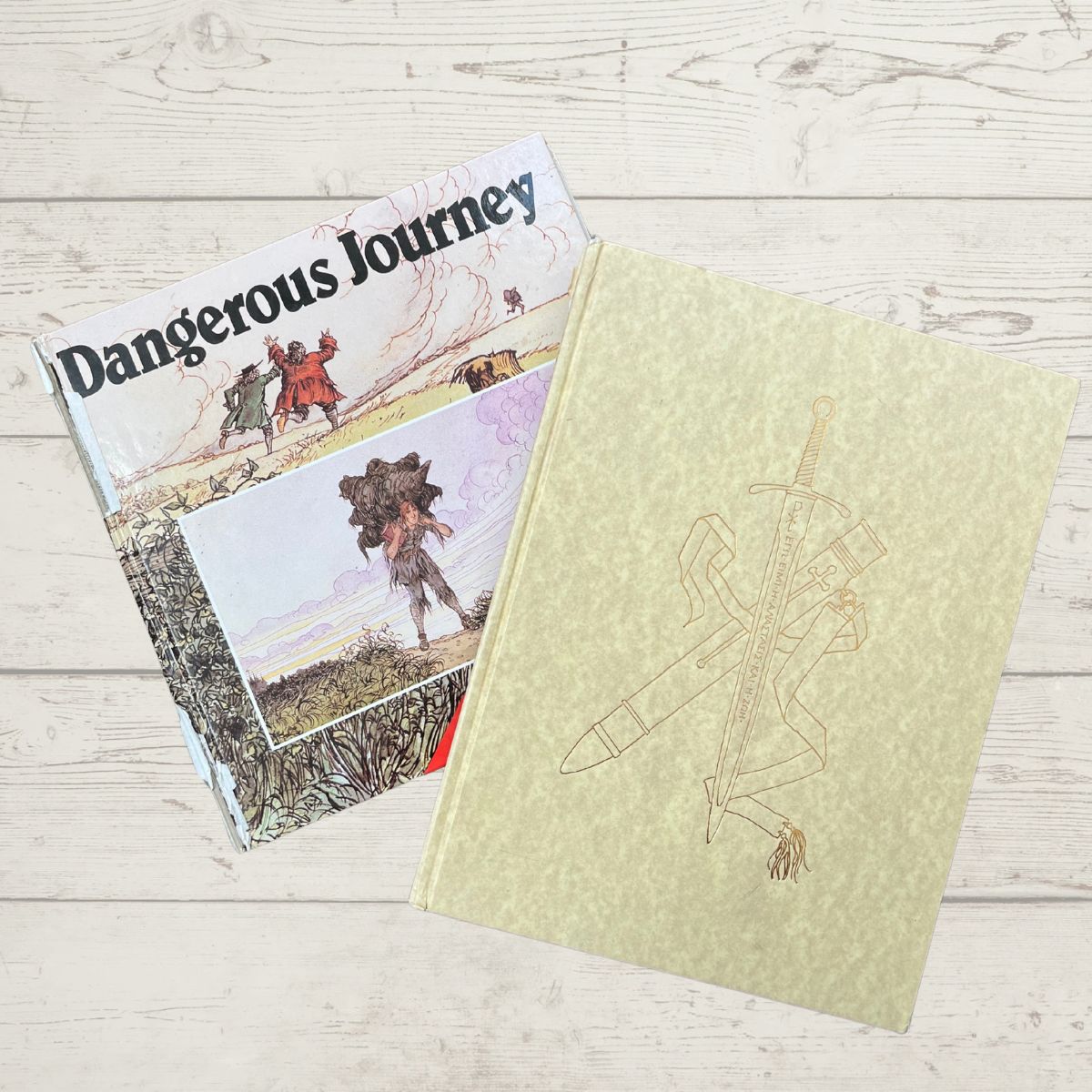 two copies of pilgrim's progress on wood background.
