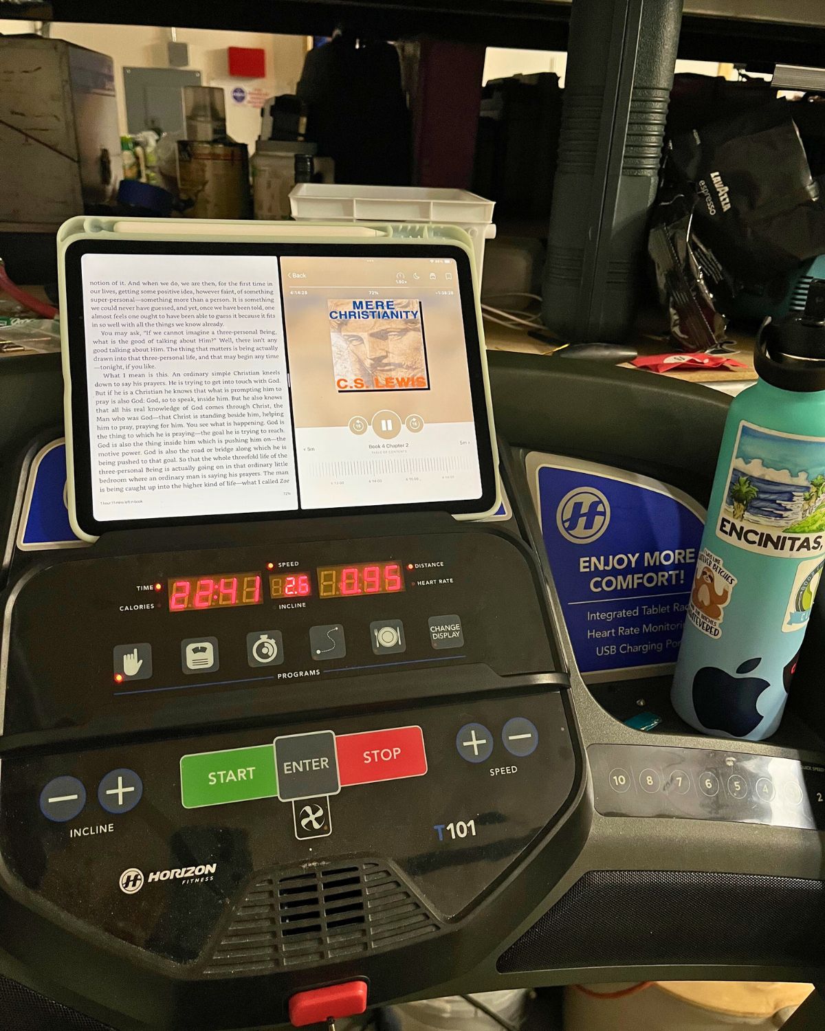treadmill with ipad open to audio book and kindle version of mere christianity.