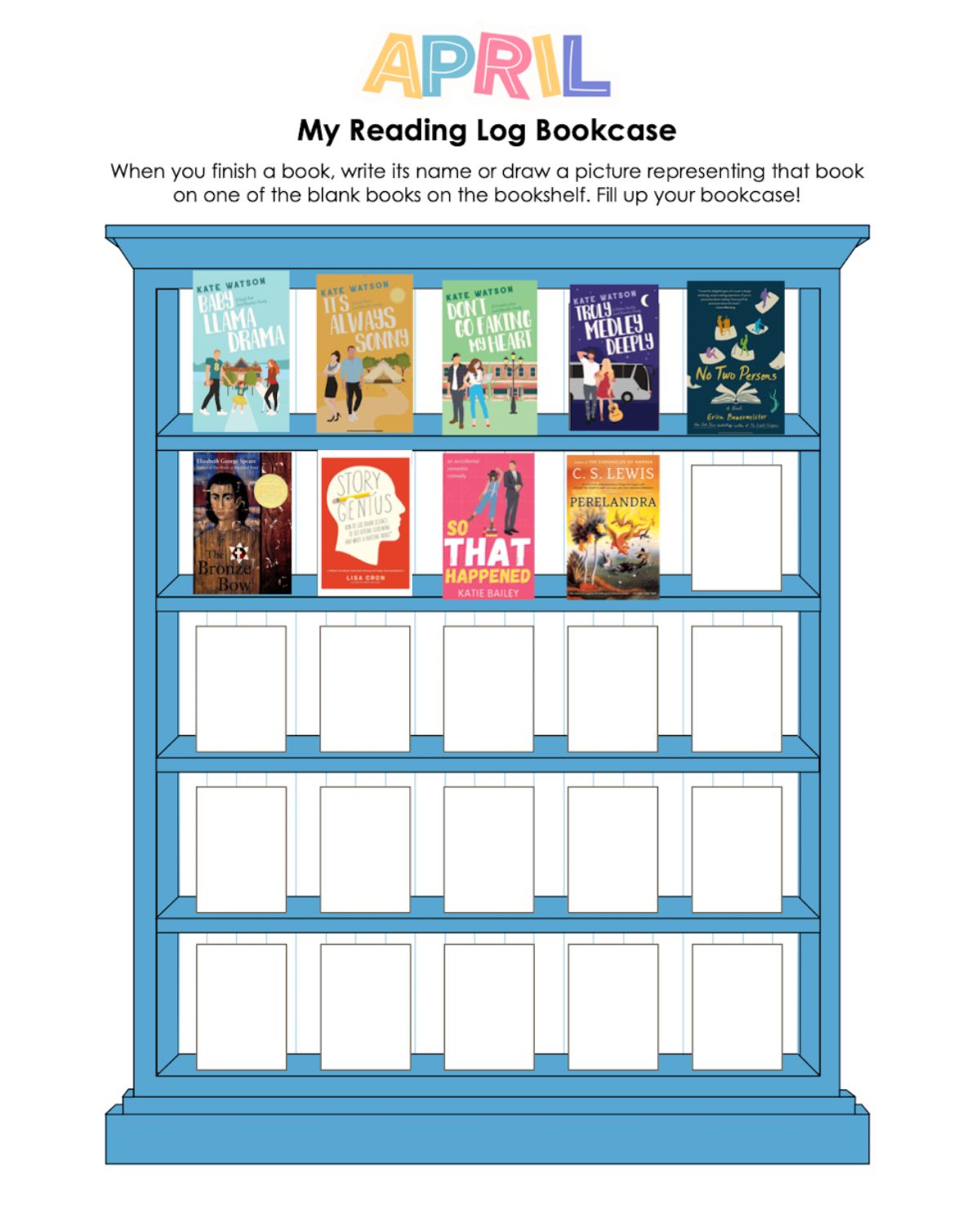 my april reading to date on a blue bookshelf.