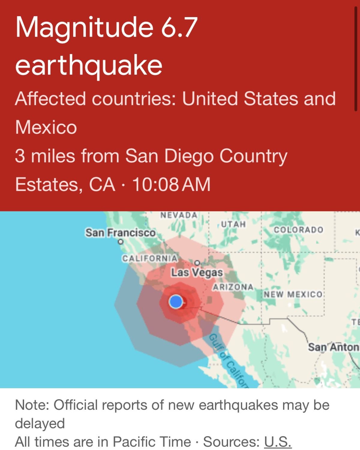screenshot of earthquake report.