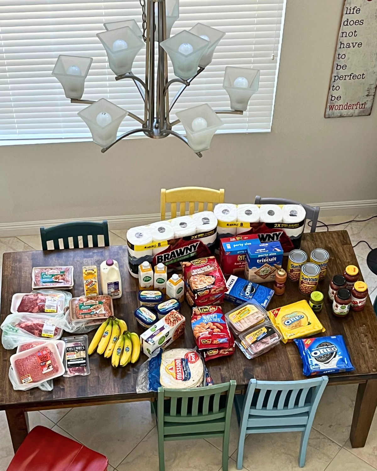grocery haul spread out over table.