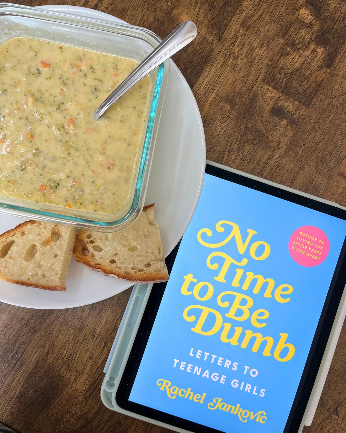 soup next to iPad for reading and lunch.
