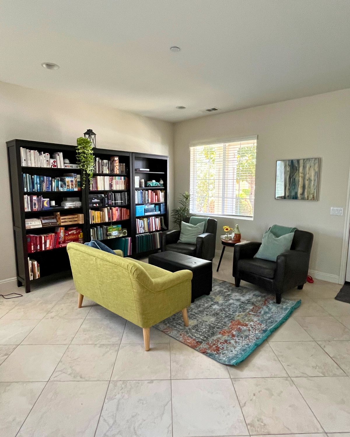 the completed library space facing the front door.