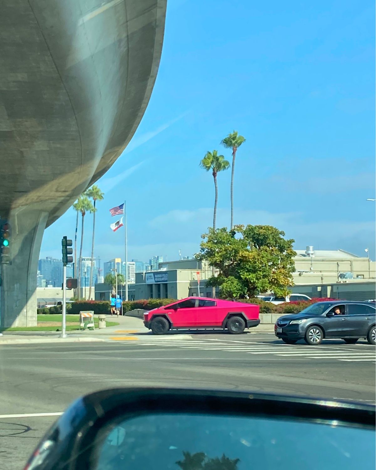 a bright pink cyber truck in san diego harbor with trees and flags in background.