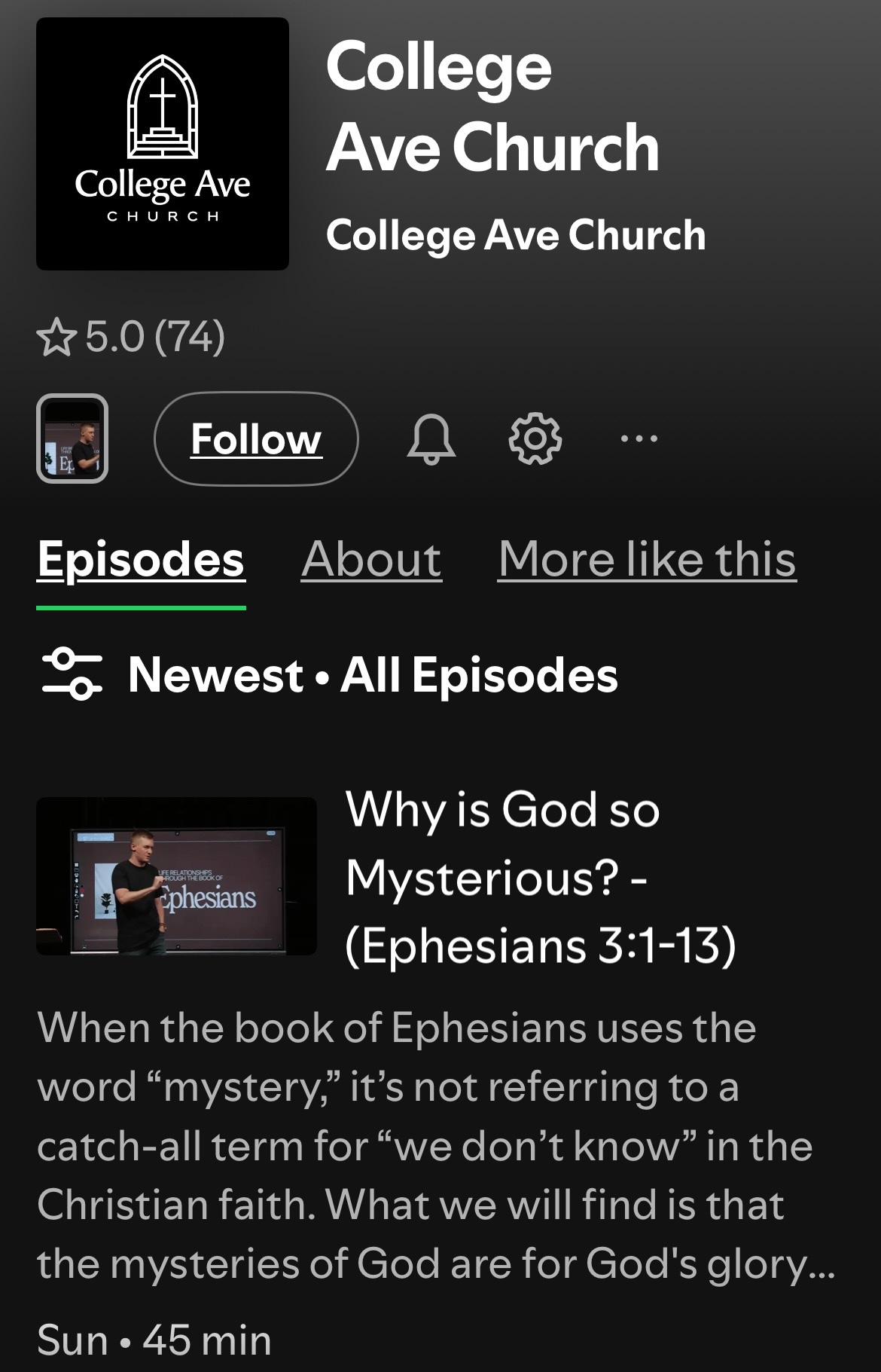screen shot of college ave church playlist on spotify.