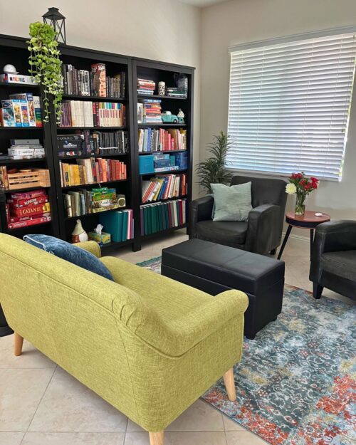 a view of the library with coach and chairs.
