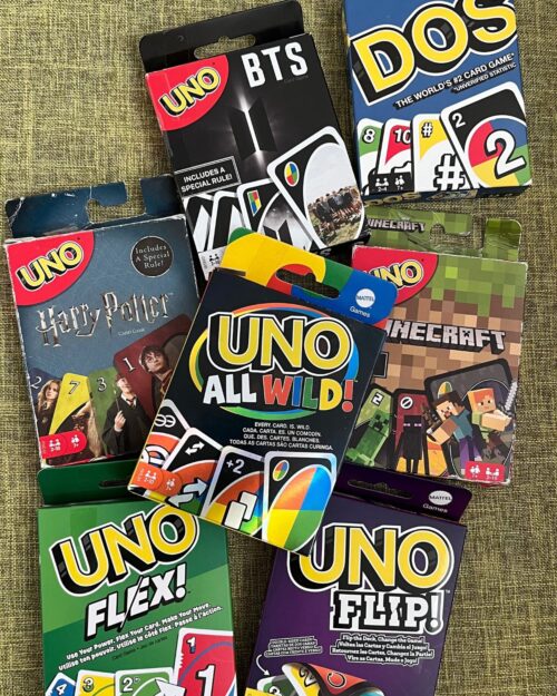array of different types of uno card games.