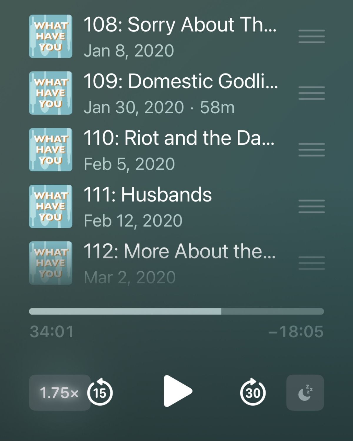 screenshot of what have you podcast playlist.
