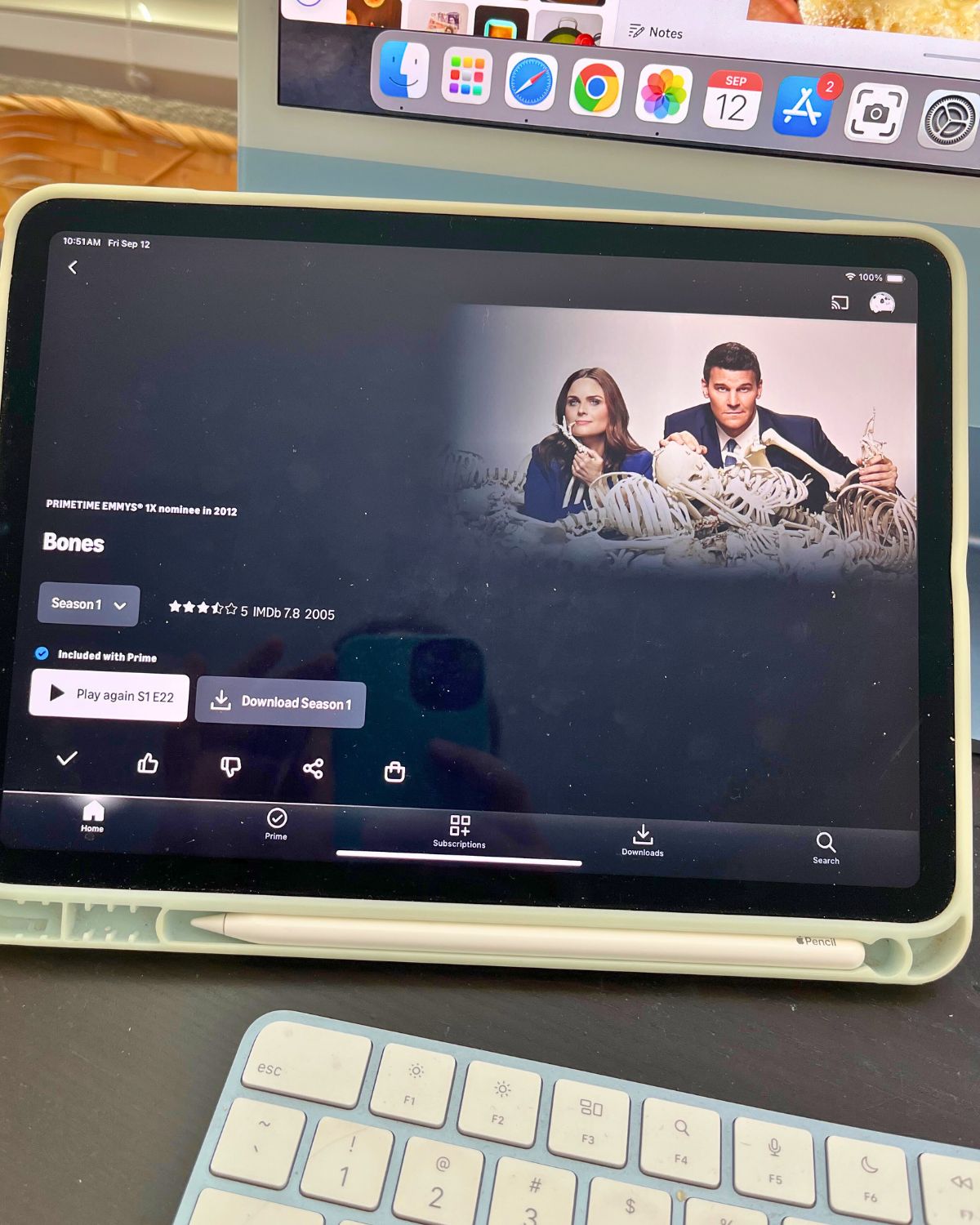 bones and amazon prime on the screen of iPad.