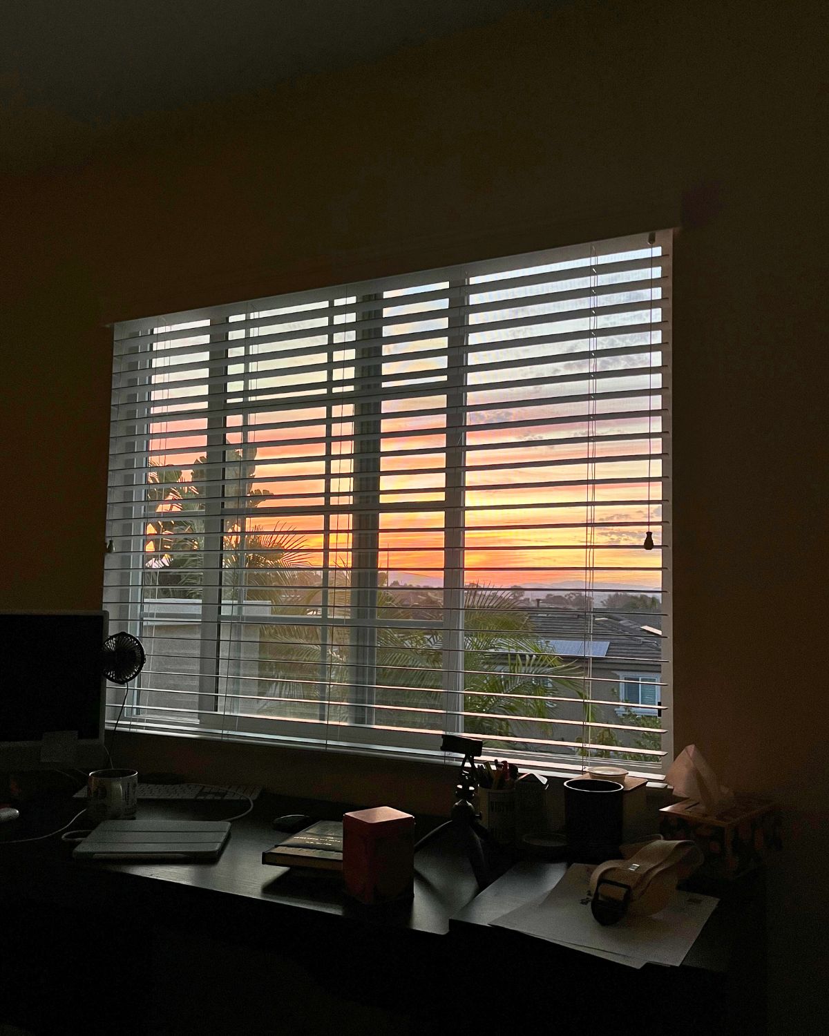 sunrise through the window with the blinds open.