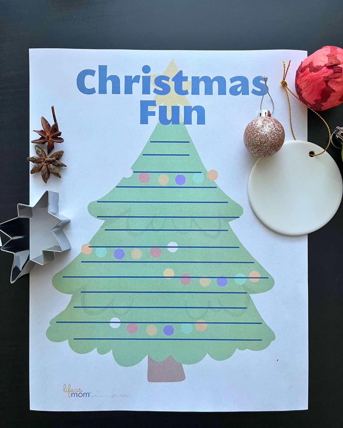christmas fun worksheet with a list in the shape of a christmas tree.