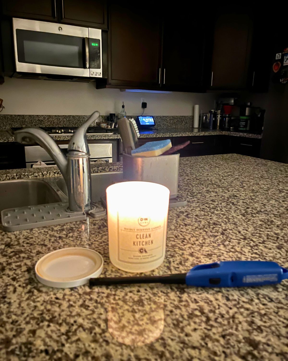 the clean kitchen with the clean kitchen candle lit.