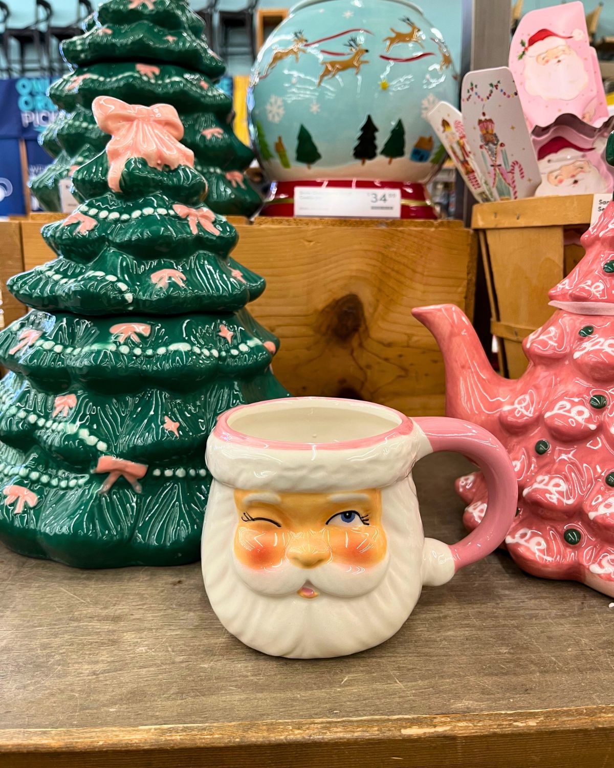 santa mug, christmas tree teapot, christmas tree cookie jar.