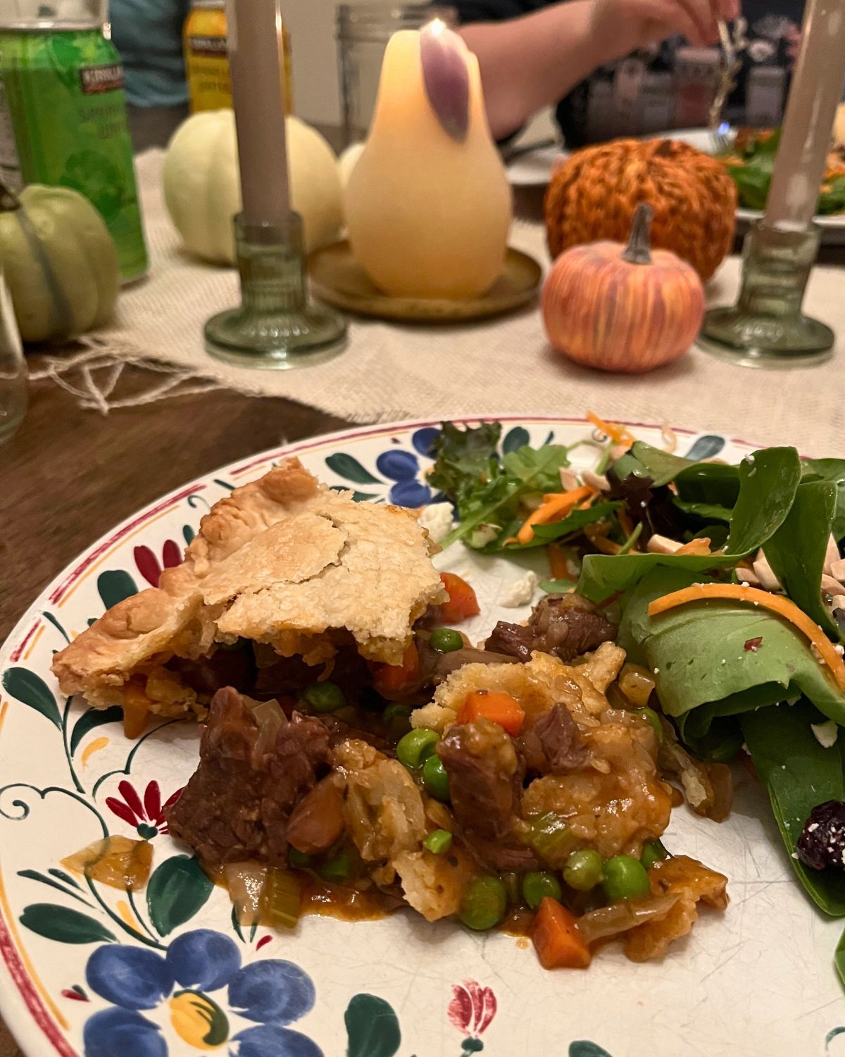 sunday pot pie on fall table scape.