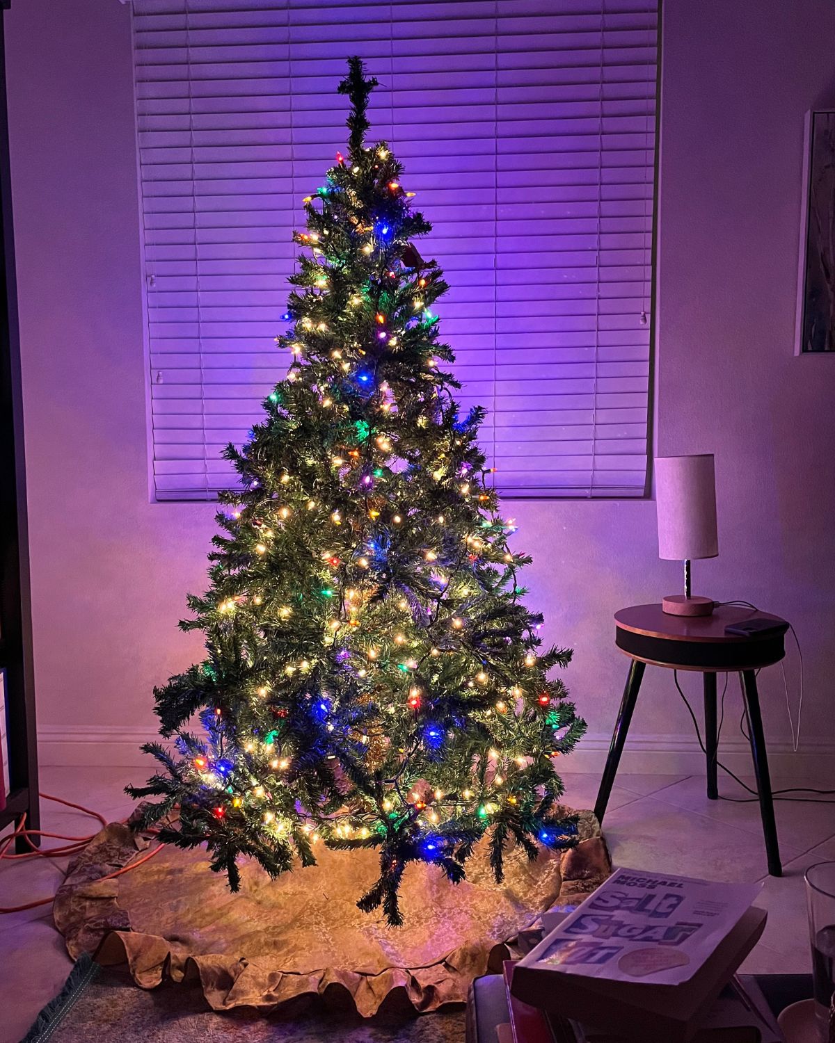 a lit christmas tree but no ornaments.