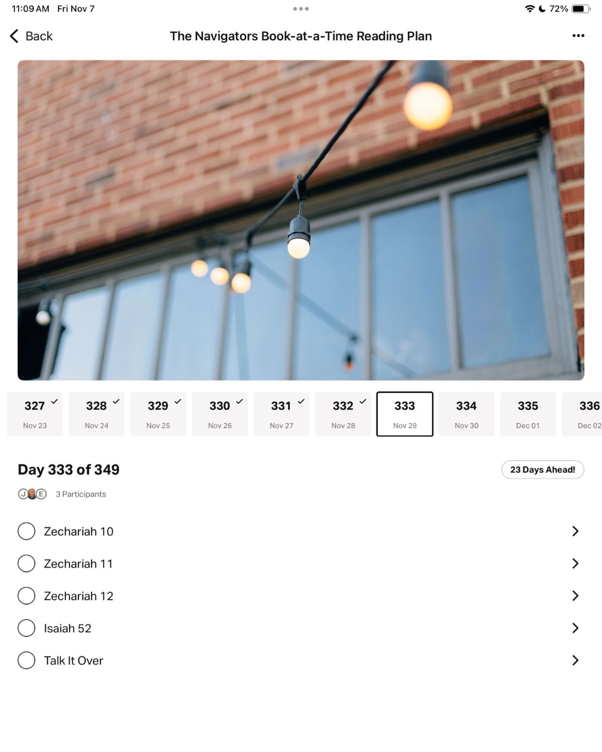 screenshot of bible reading plan progress.