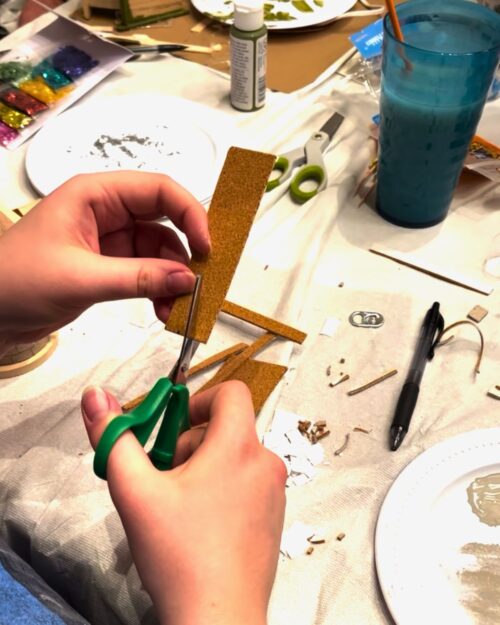 cutting cork into bricks.