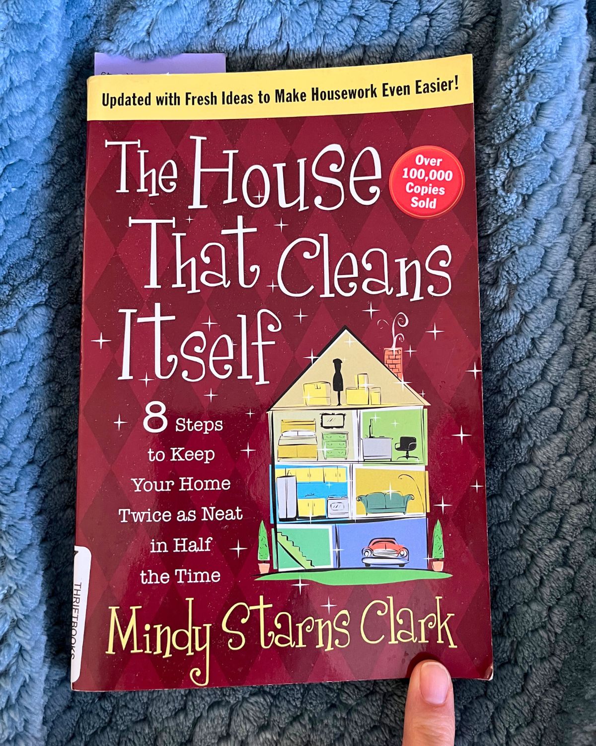 the house that cleans itself, paperback on blue blanket.