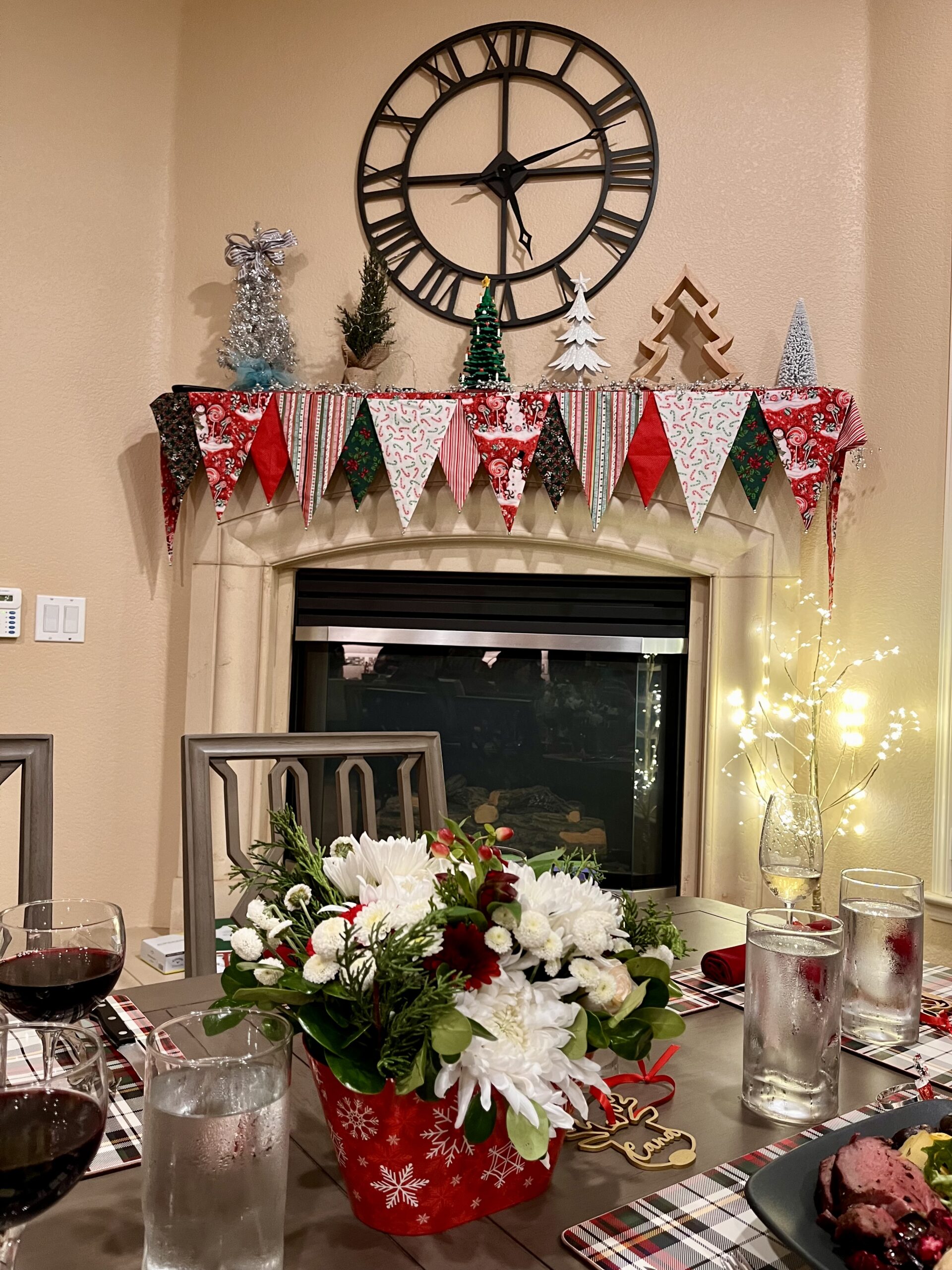 Fireplace decorated for Christmas.