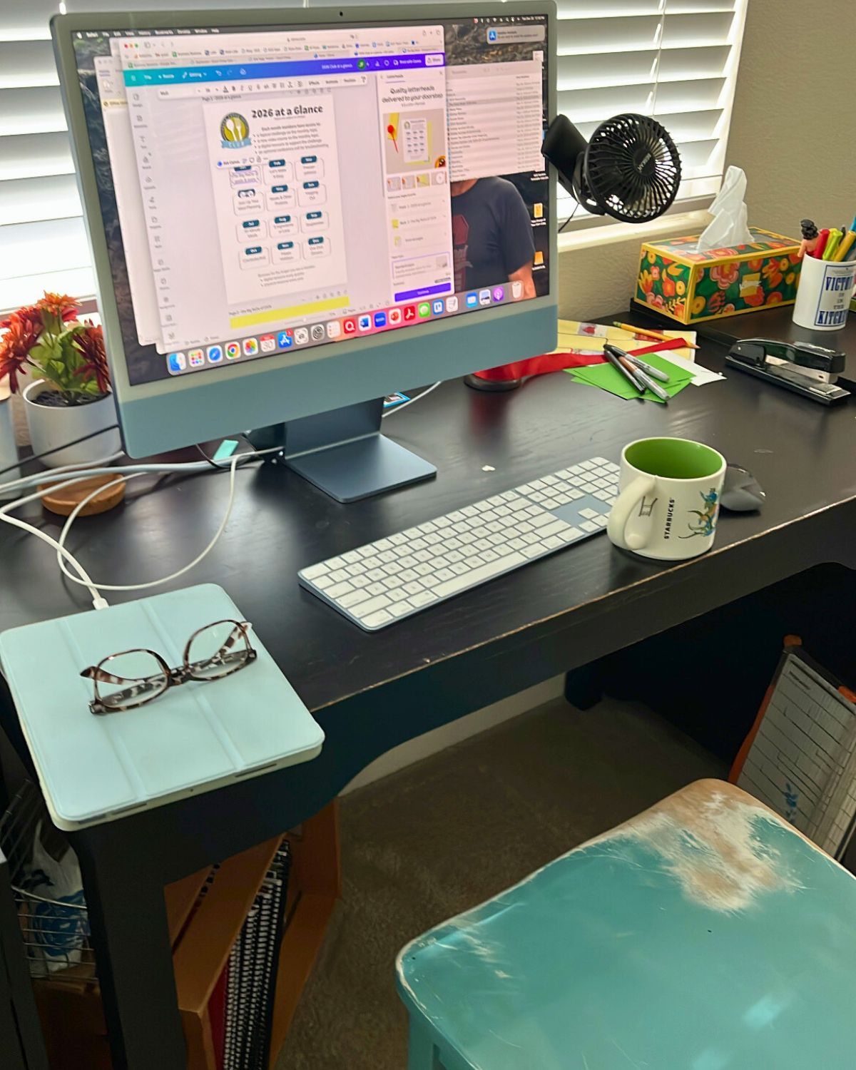 desk work with blue distressed chair.