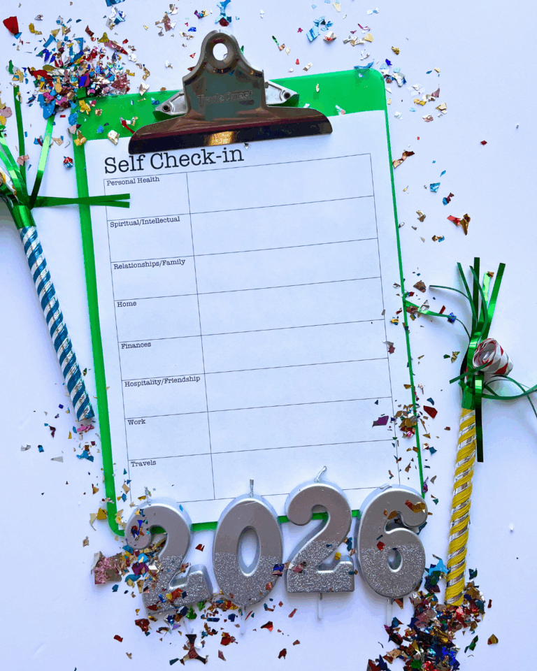 self check in worksheet on clipboard with 2026 candles and confetti.