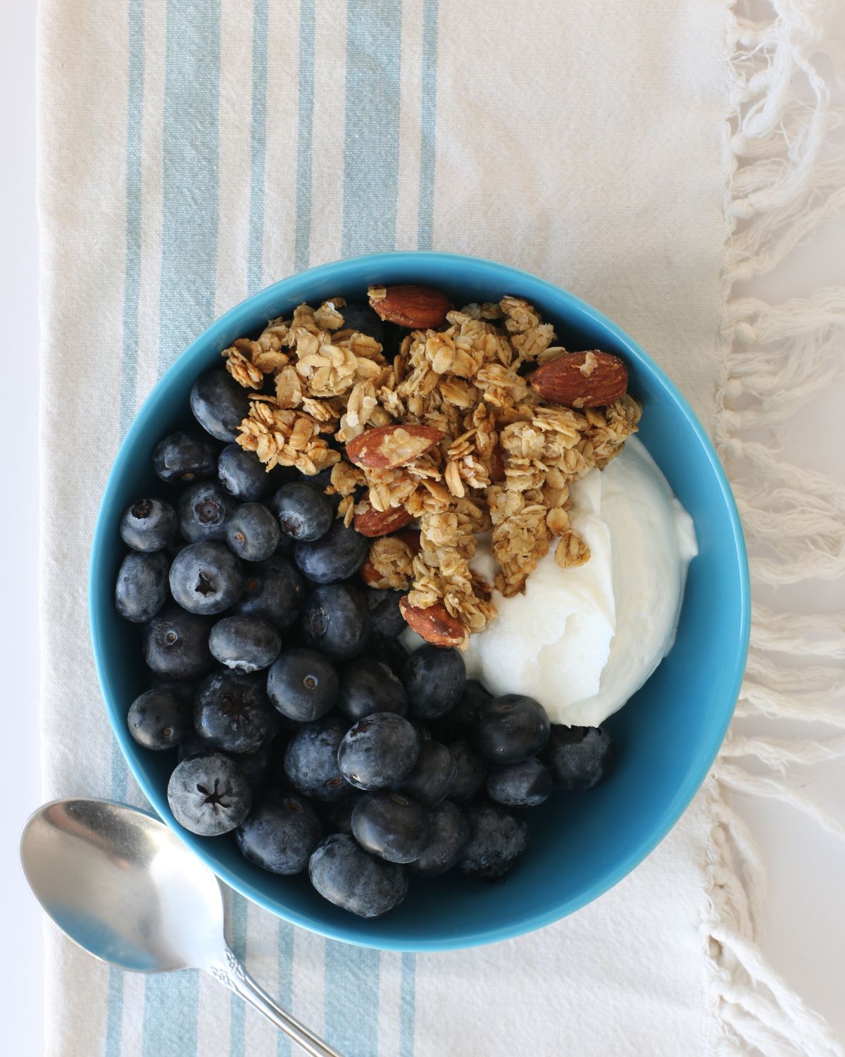 blue bowl of blueberries, yogurt, and granola.