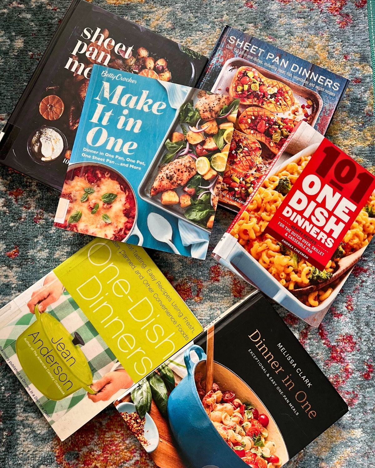 array of one-dish dinner cookbooks.