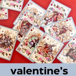 heart playing cards on red background, with text overlay.