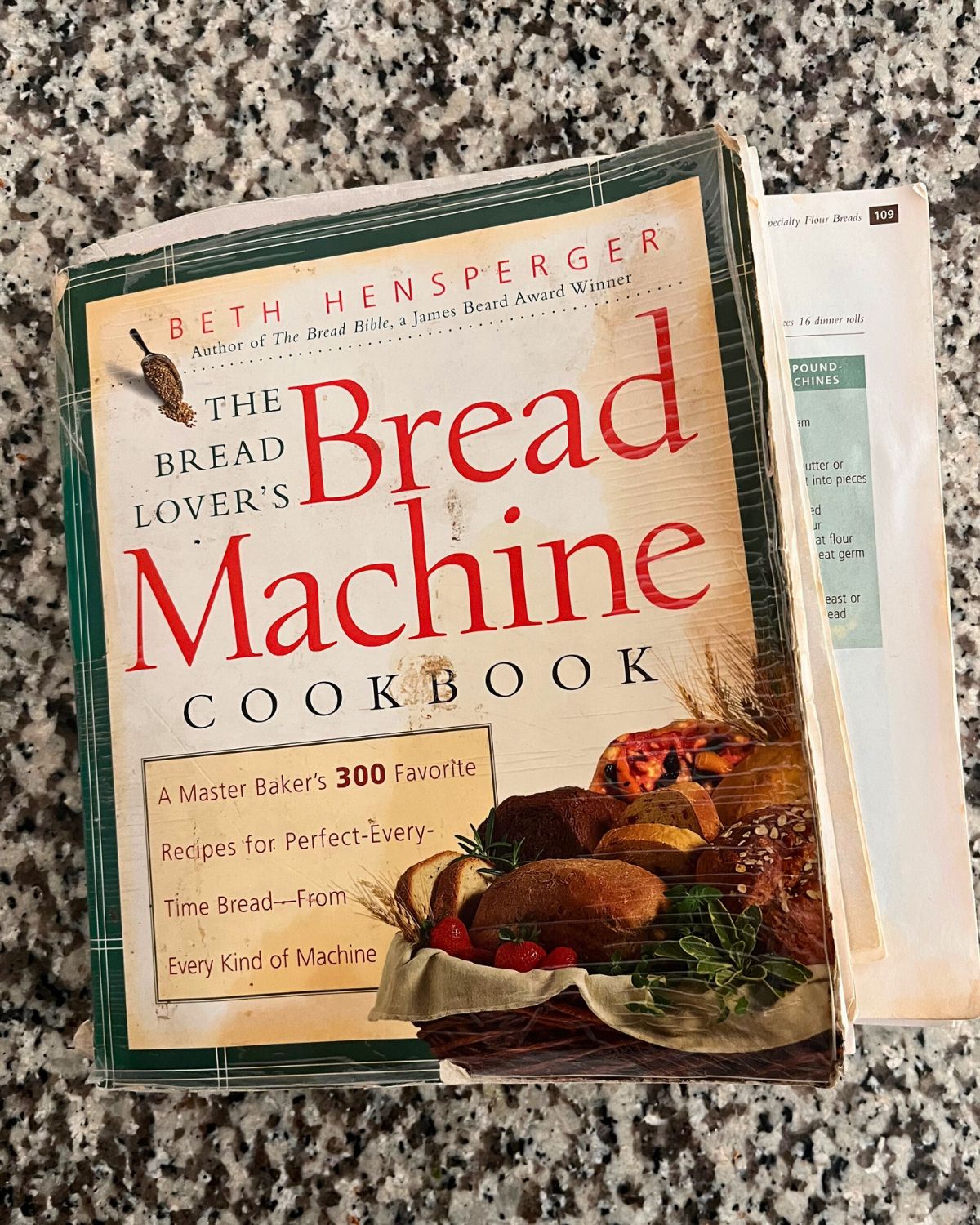 tattered bread machine cookbook on counter.