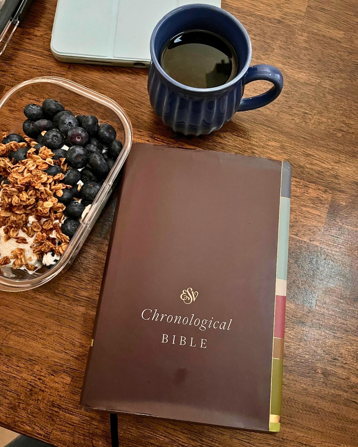 Yogurt, granola, blueberries, tea, and Bible on table.