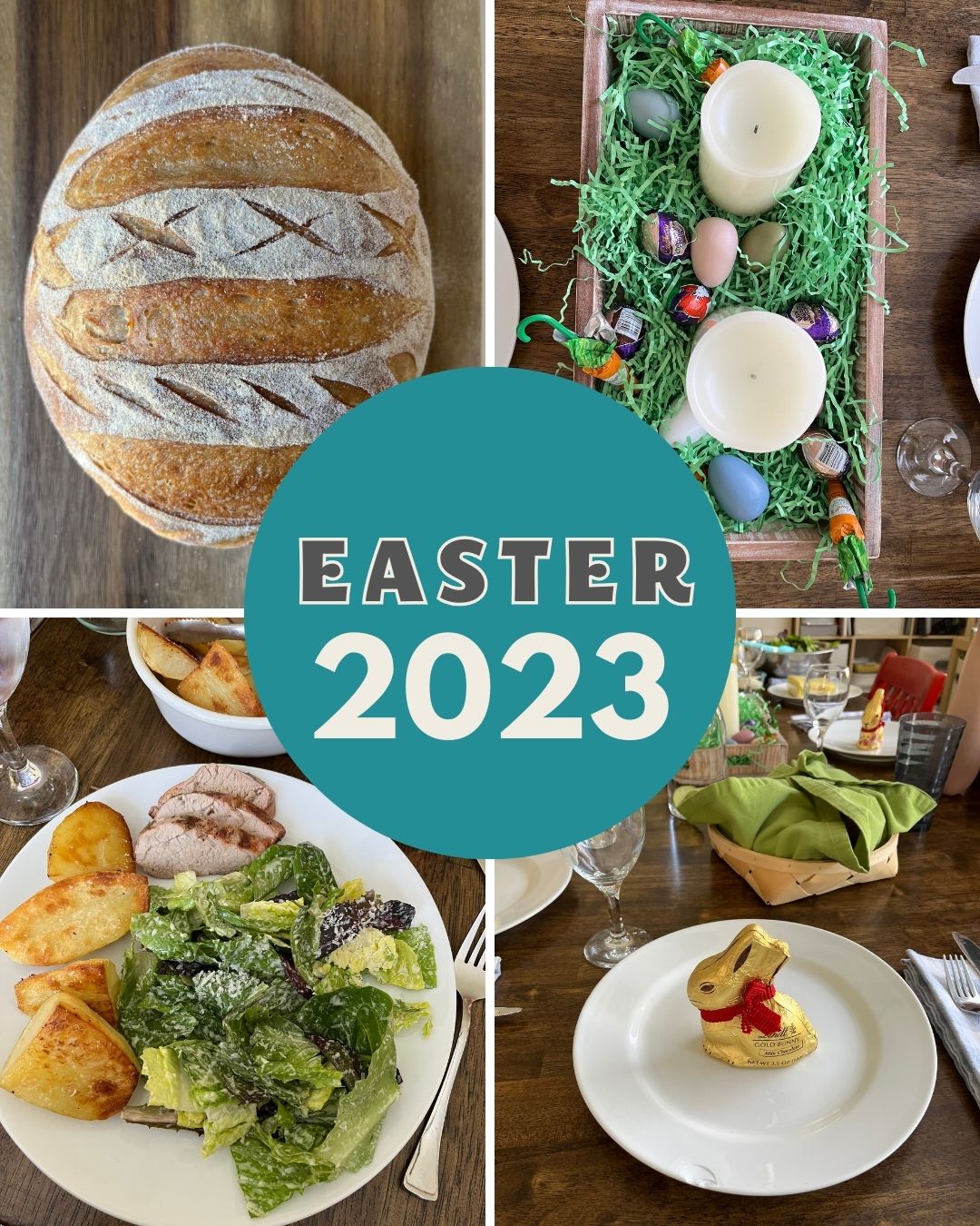 collage of easter 2023 food and table settings.